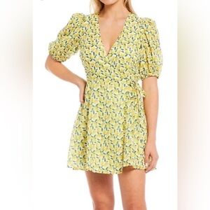 Gianni Bini Size 12 Yellow White Asher Puff Sleeve Lemon Eyelet Wrap Dress Mini